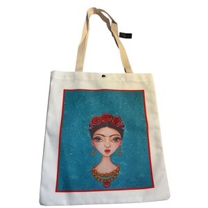 NWT Tote Bag Frida Kahlo Artistic Tote Bag White with Art Print Blue Red Canvas
